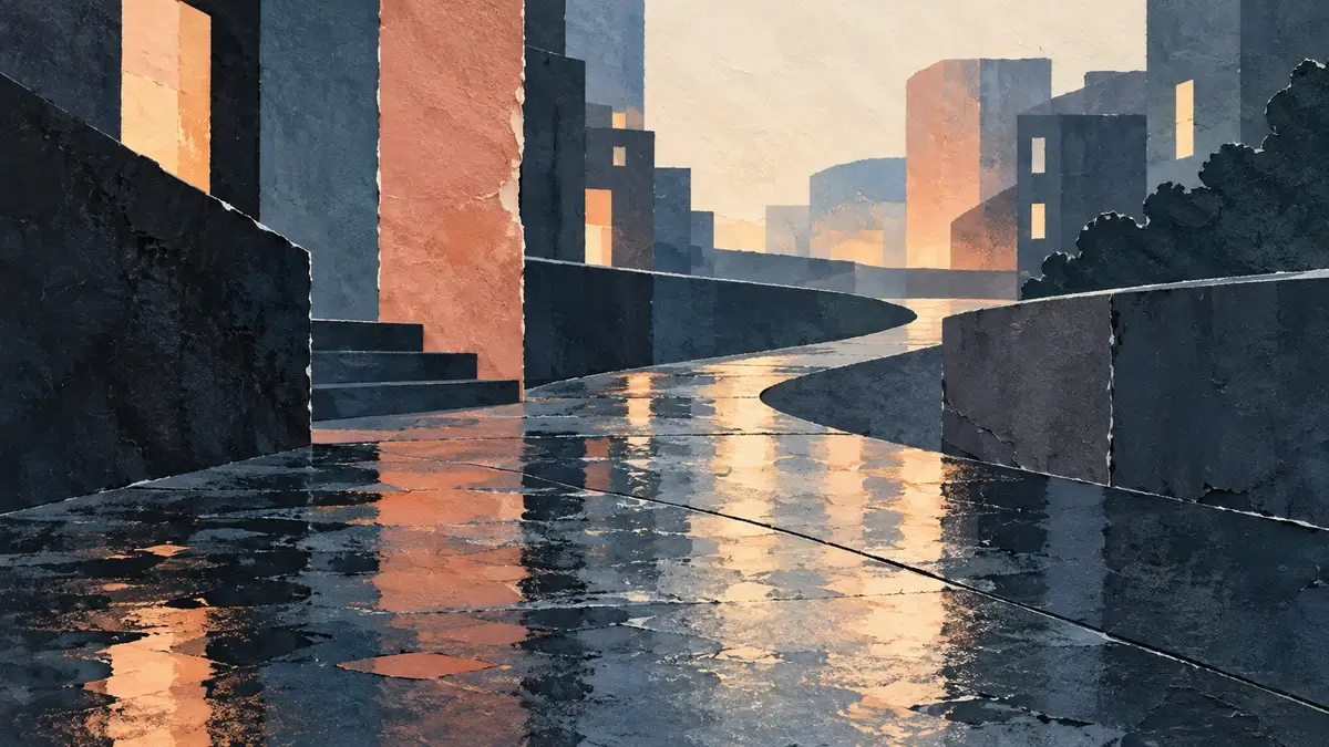 雨にぬれた道と窓の明かりを抽象的に描いた、再出発をイメージしたイラスト